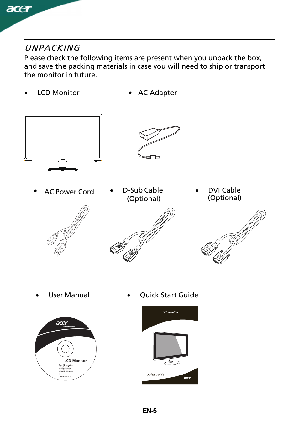 Unpacking | Acer S181HL User Manual | Page 6 / 23