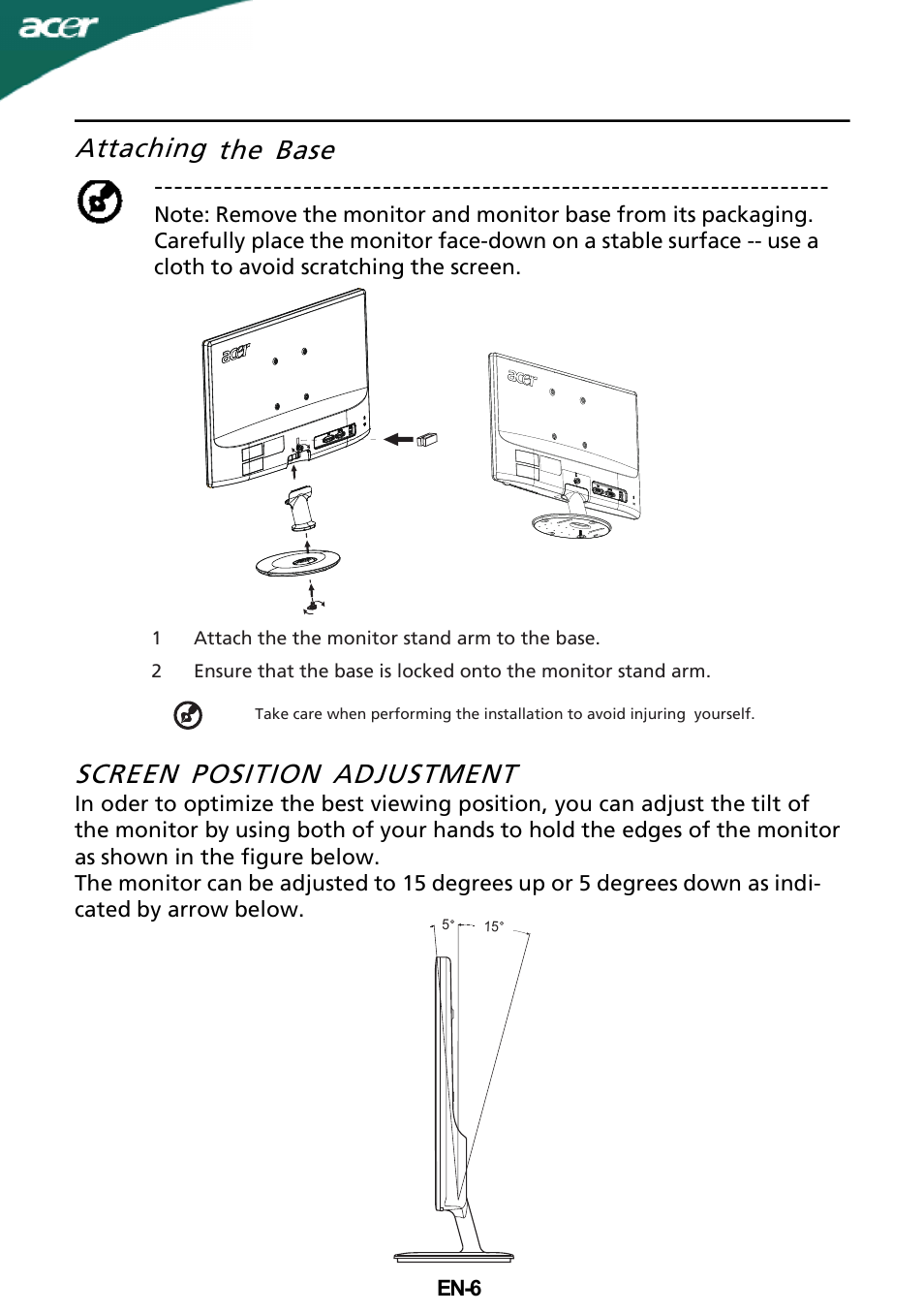 Attaching the base screen position adjustment | Acer S181HL User Manual | Page 7 / 23
