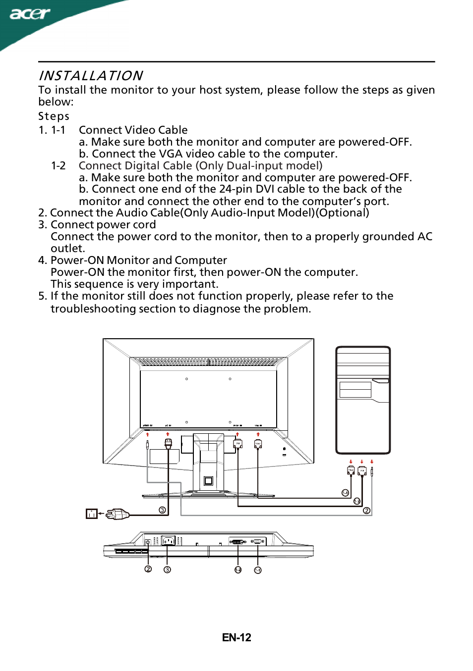 Installation | Acer G185HV User Manual | Page 13 / 23