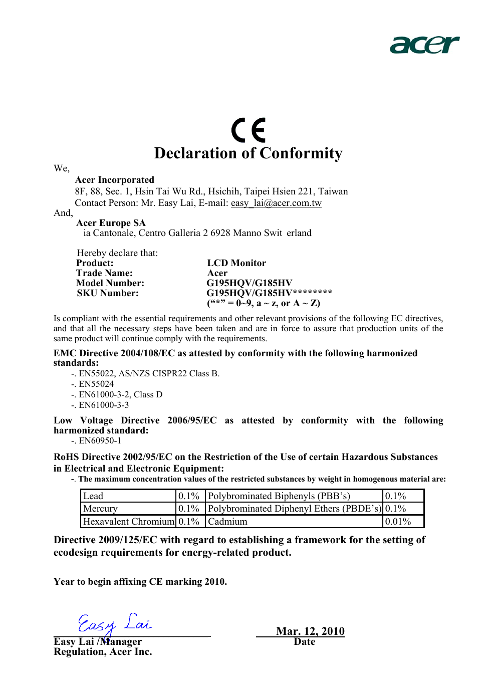 Declaration of conformity | Acer G185HV User Manual | Page 22 / 23