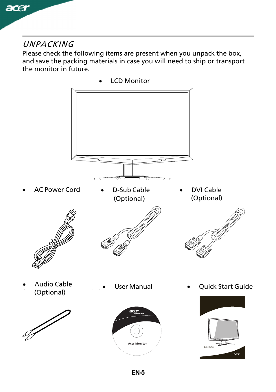 Unpacking | Acer G185HV User Manual | Page 6 / 23