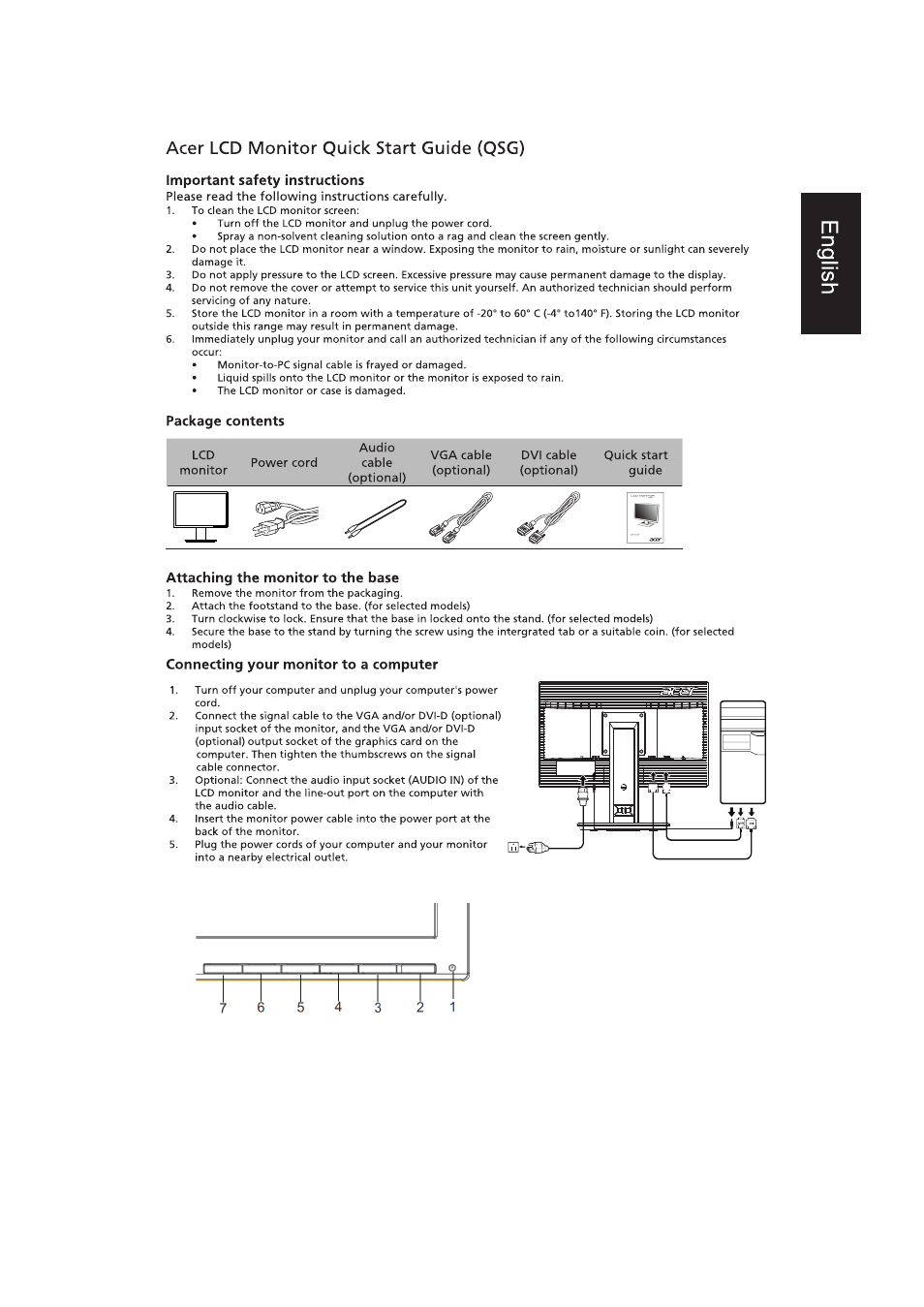 Acer lcd monitor quick start guide (qsg), Important safety instructions, Package contents | Attaching the monitor to the base, Connecting your monitor to a computer | Acer B196WL User Manual | Page 2 / 4
