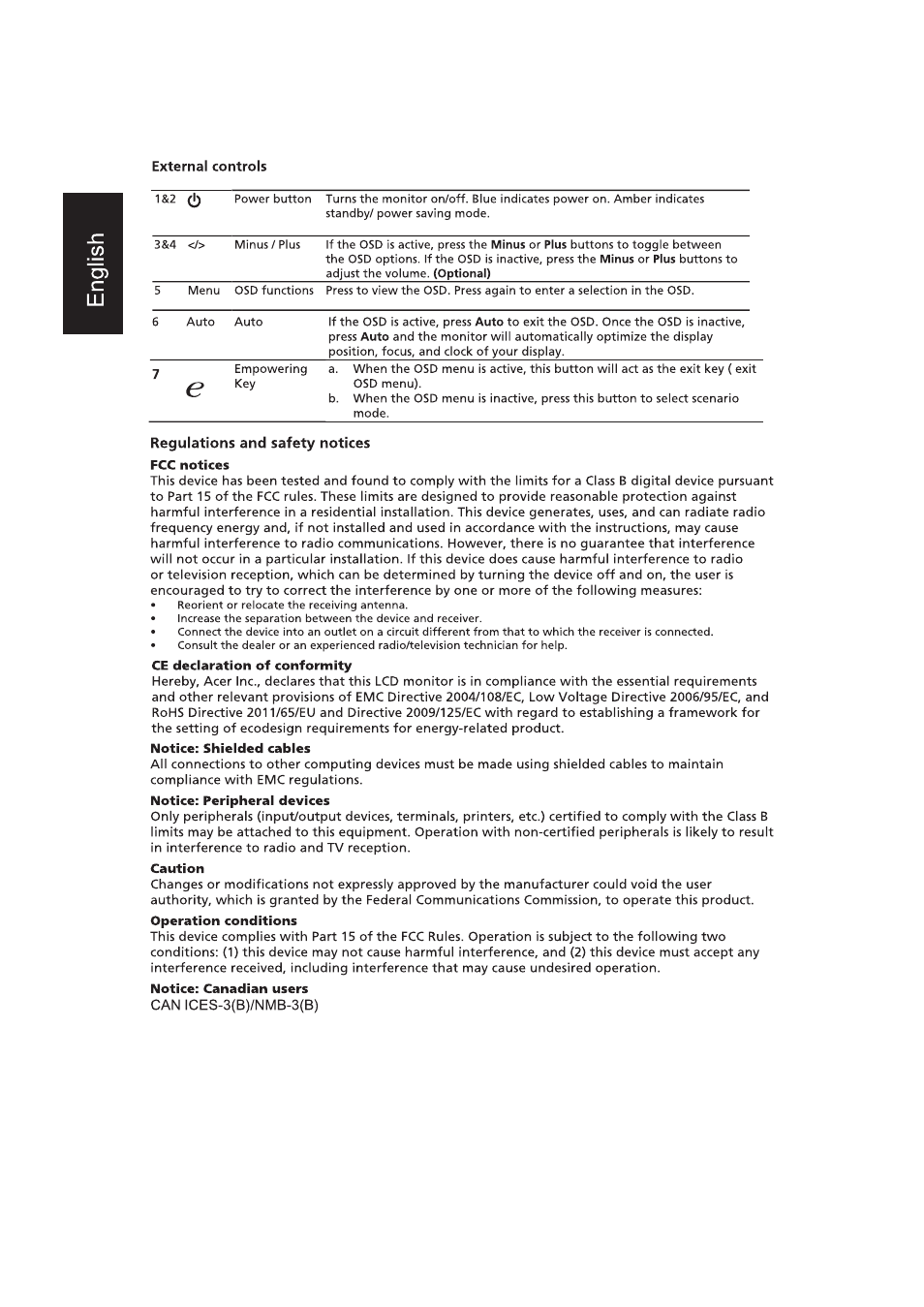 External controls, Regulations and safety notices fcc notices | Acer B196WL User Manual | Page 3 / 4