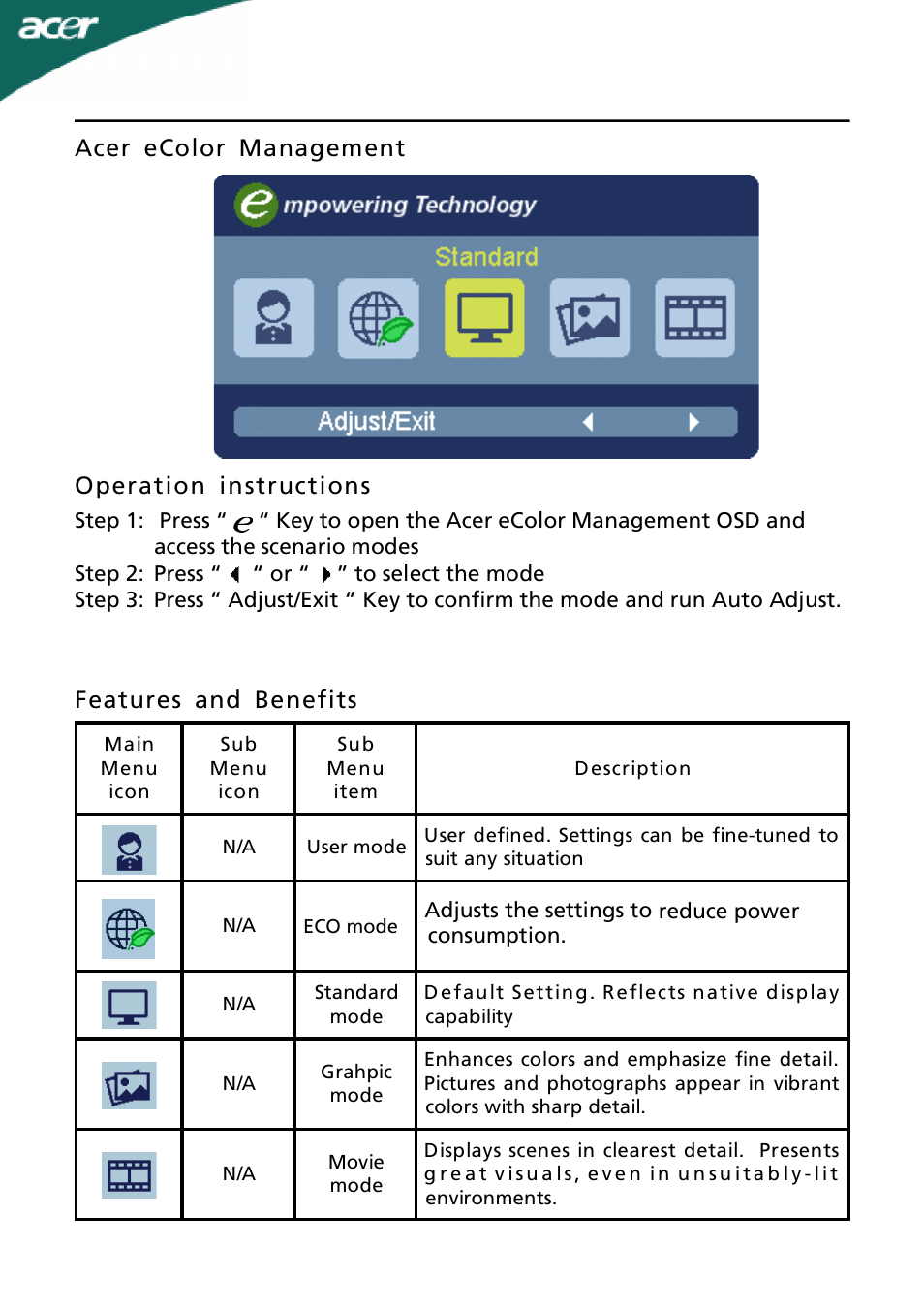 Acer ecolor management operation instructions, Features and benefits | Acer G195WV User Manual | Page 15 / 23