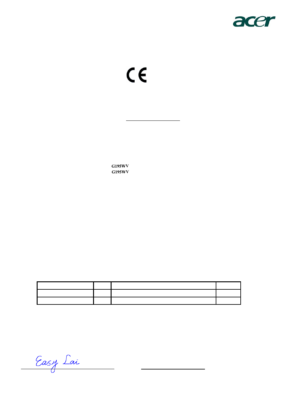 Declaration of conformity, Easy lai /manager date regulation, acer inc | Acer G195WV User Manual | Page 22 / 23