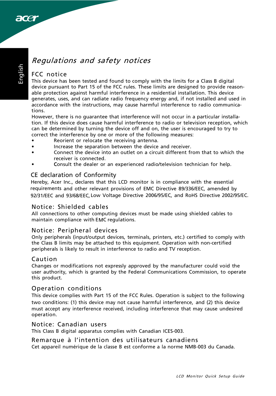 Regulations and safety notices | Acer P215H User Manual | Page 2 / 3