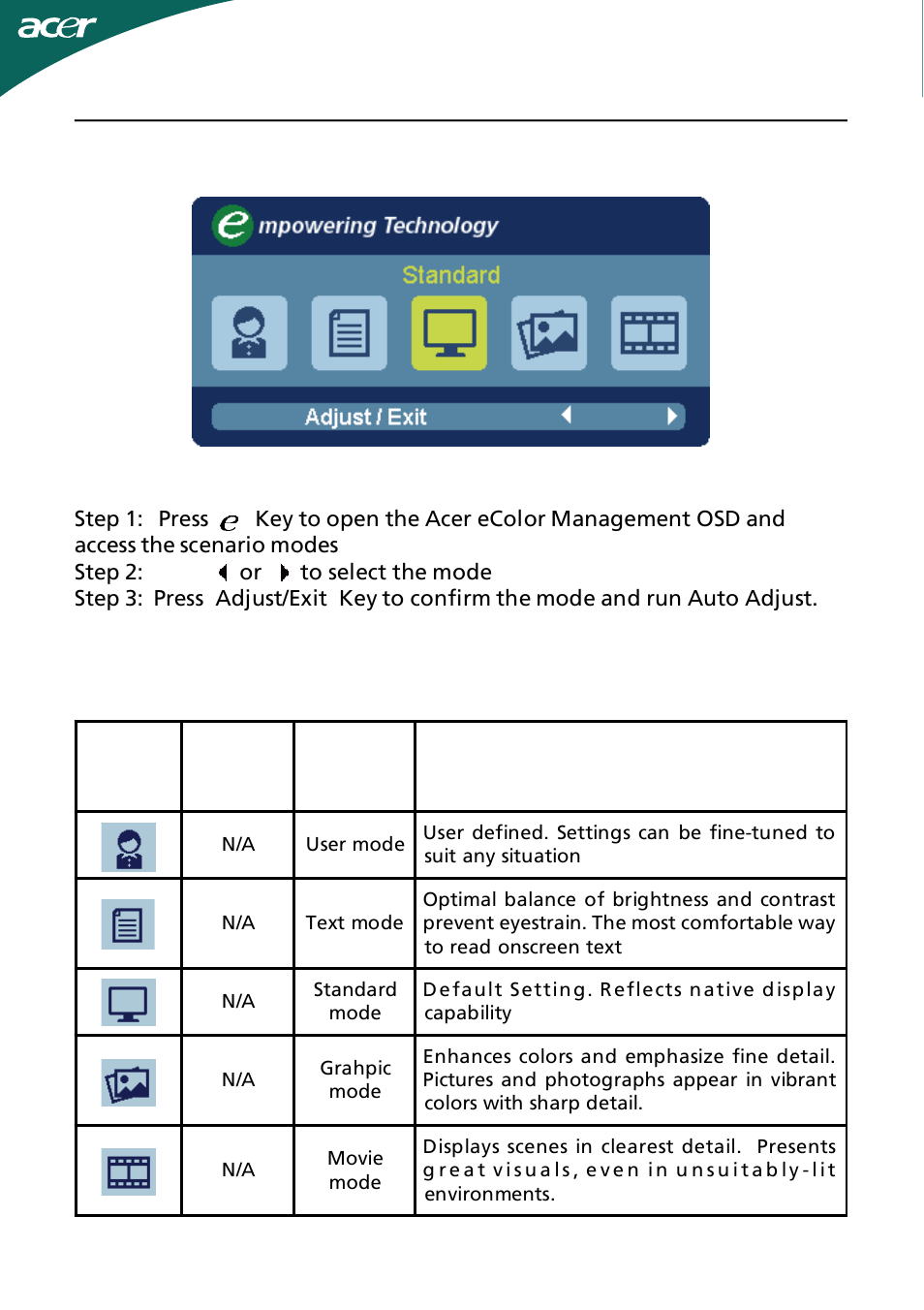 Press, Acer ecolor management operation instructions, Features and benefits | Acer D241H User Manual | Page 15 / 43