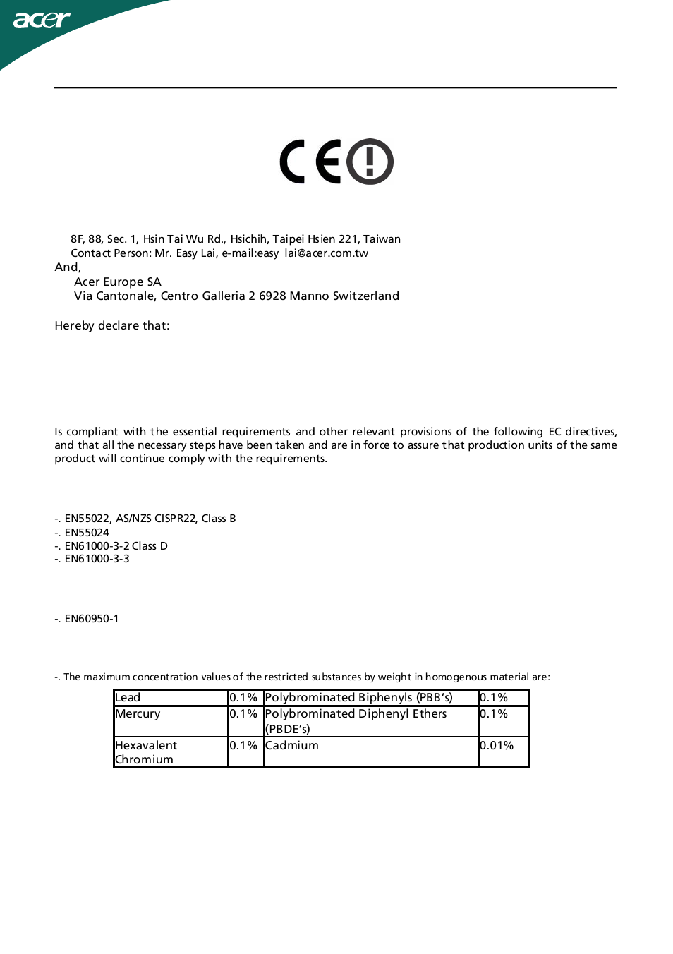 Declaration of conformity, En-20 | Acer D241H User Manual | Page 21 / 43