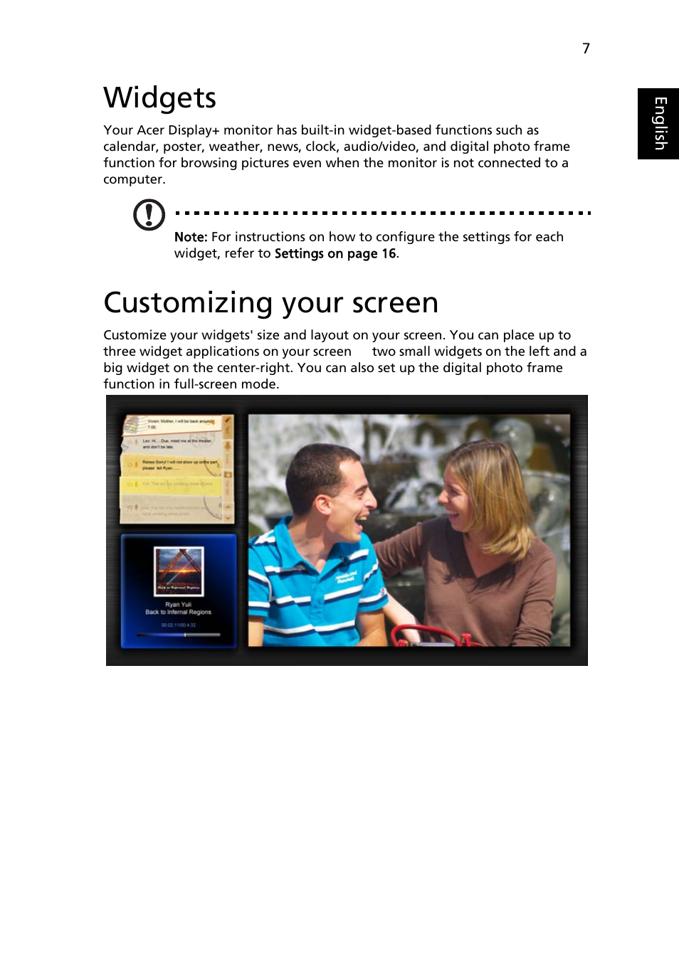 Widgets, Customizing your screen | Acer D241H User Manual | Page 30 / 43