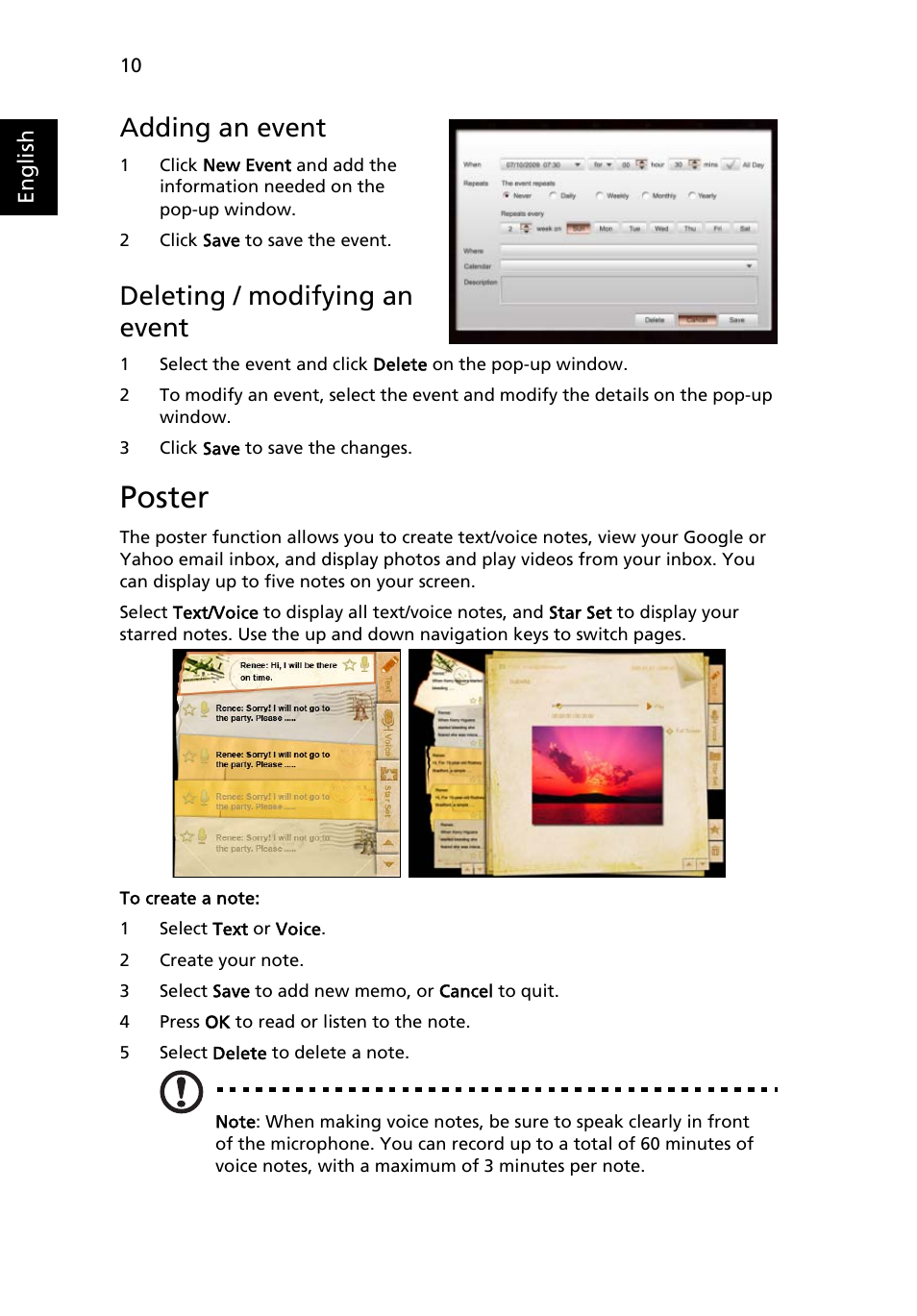 Poster, Adding an event, Deleting / modifying an event | Acer D241H User Manual | Page 33 / 43