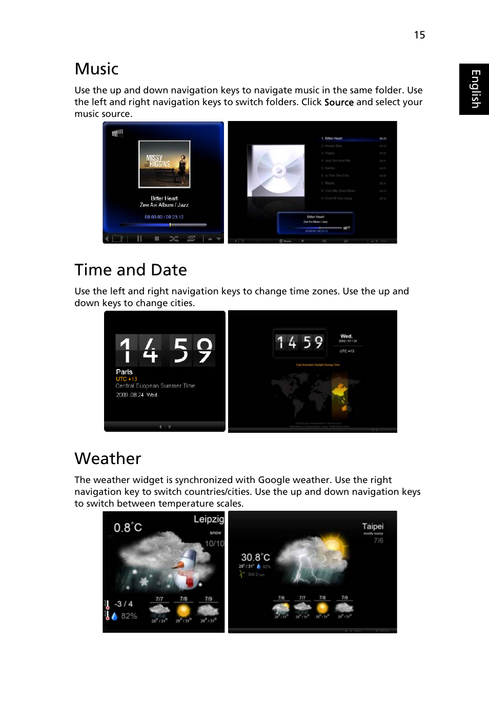 Music, Time and date, Weather | Acer D241H User Manual | Page 38 / 43