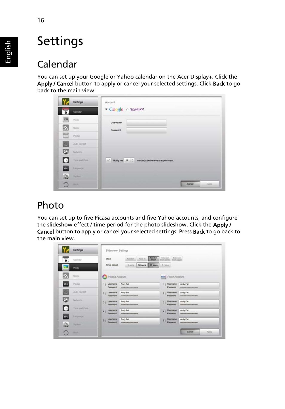 Settings, Calendar, Photo | Acer D241H User Manual | Page 39 / 43