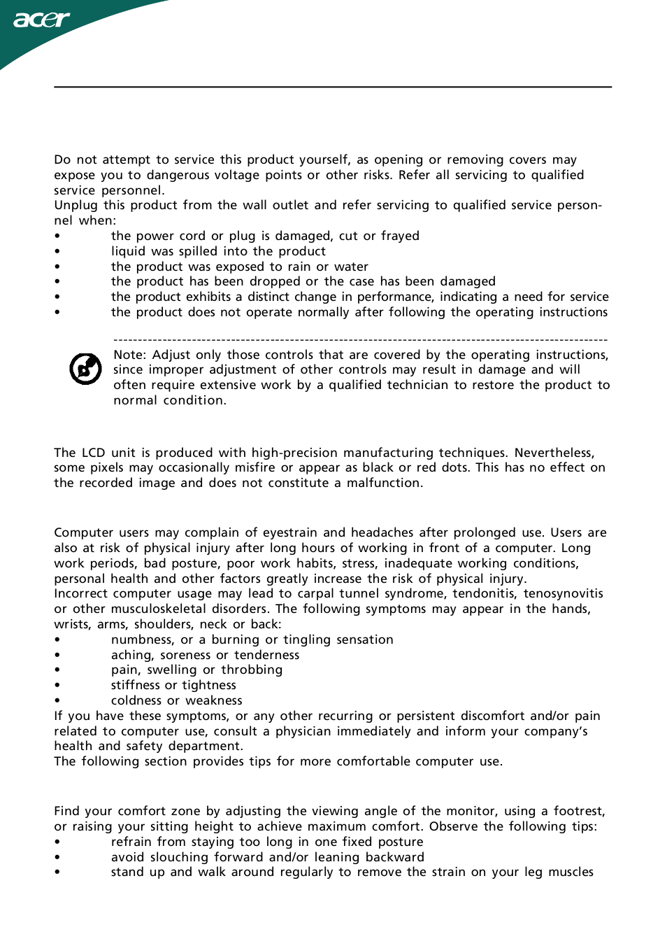 En-3 product servicing, Lcd pixel statement, Tips and information for comfortable use | Finding your comfort zone | Acer D241H User Manual | Page 4 / 43