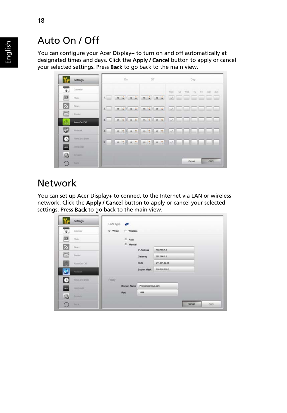 Auto on / off, Network | Acer D241H User Manual | Page 41 / 43