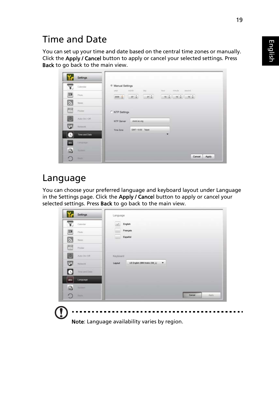 Time and date, Language | Acer D241H User Manual | Page 42 / 43