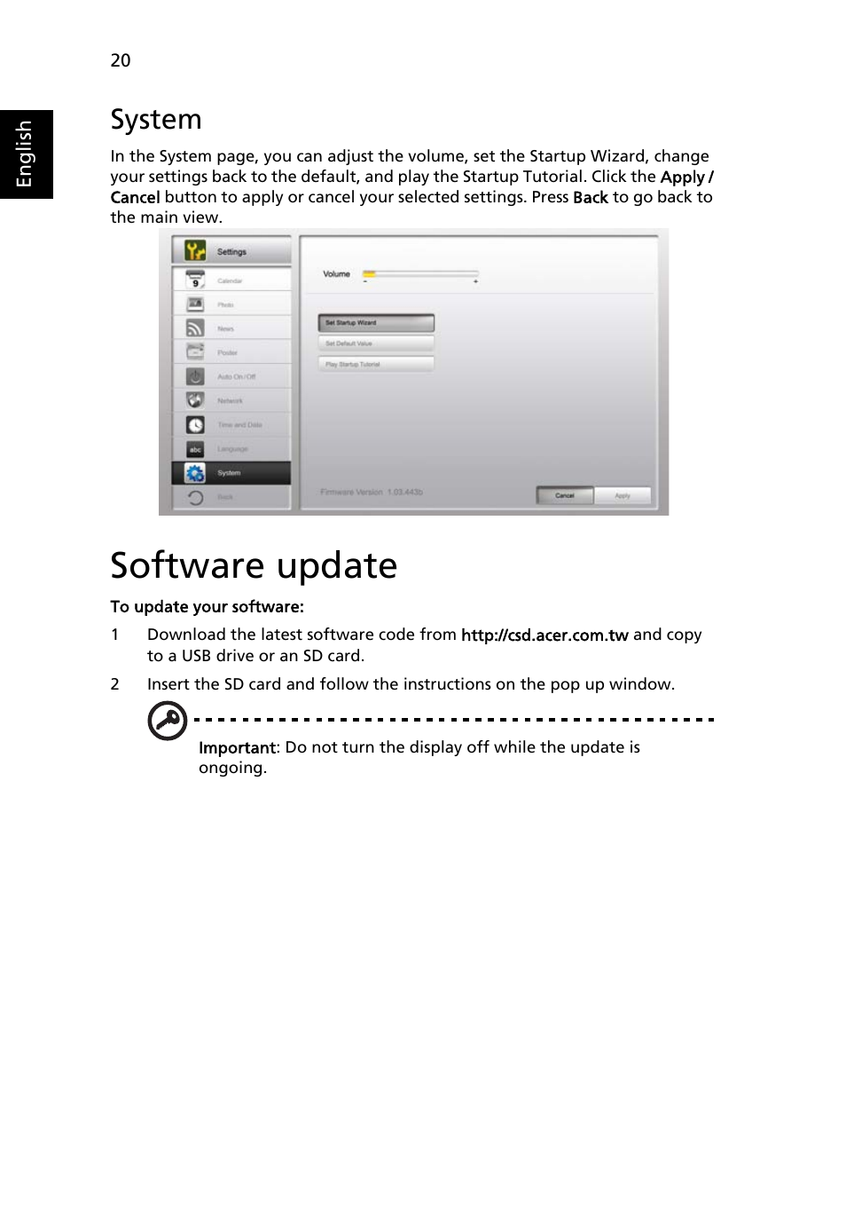 System, Software update | Acer D241H User Manual | Page 43 / 43