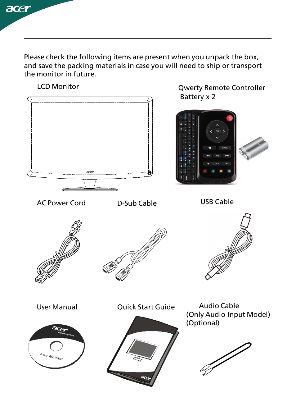 Unpacking | Acer D241H User Manual | Page 6 / 43