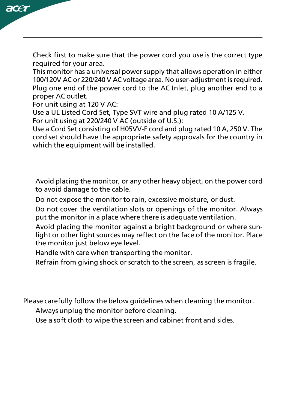 Connecting the power cord, Safety precaution, Cleaning your monitor | Acer D241H User Manual | Page 8 / 43