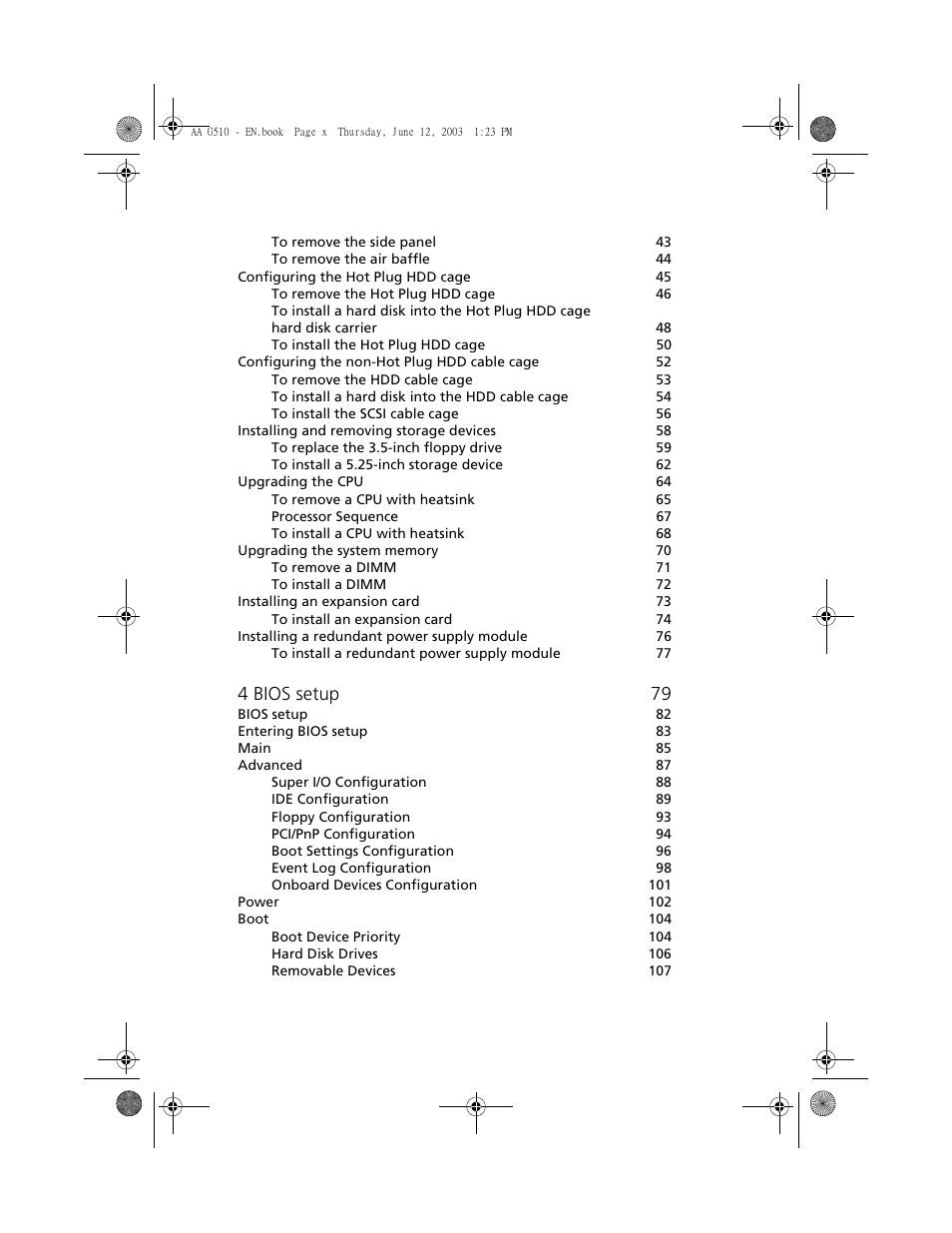 4 bios setup 79 | Acer Altos G510 User Manual | Page 10 / 158