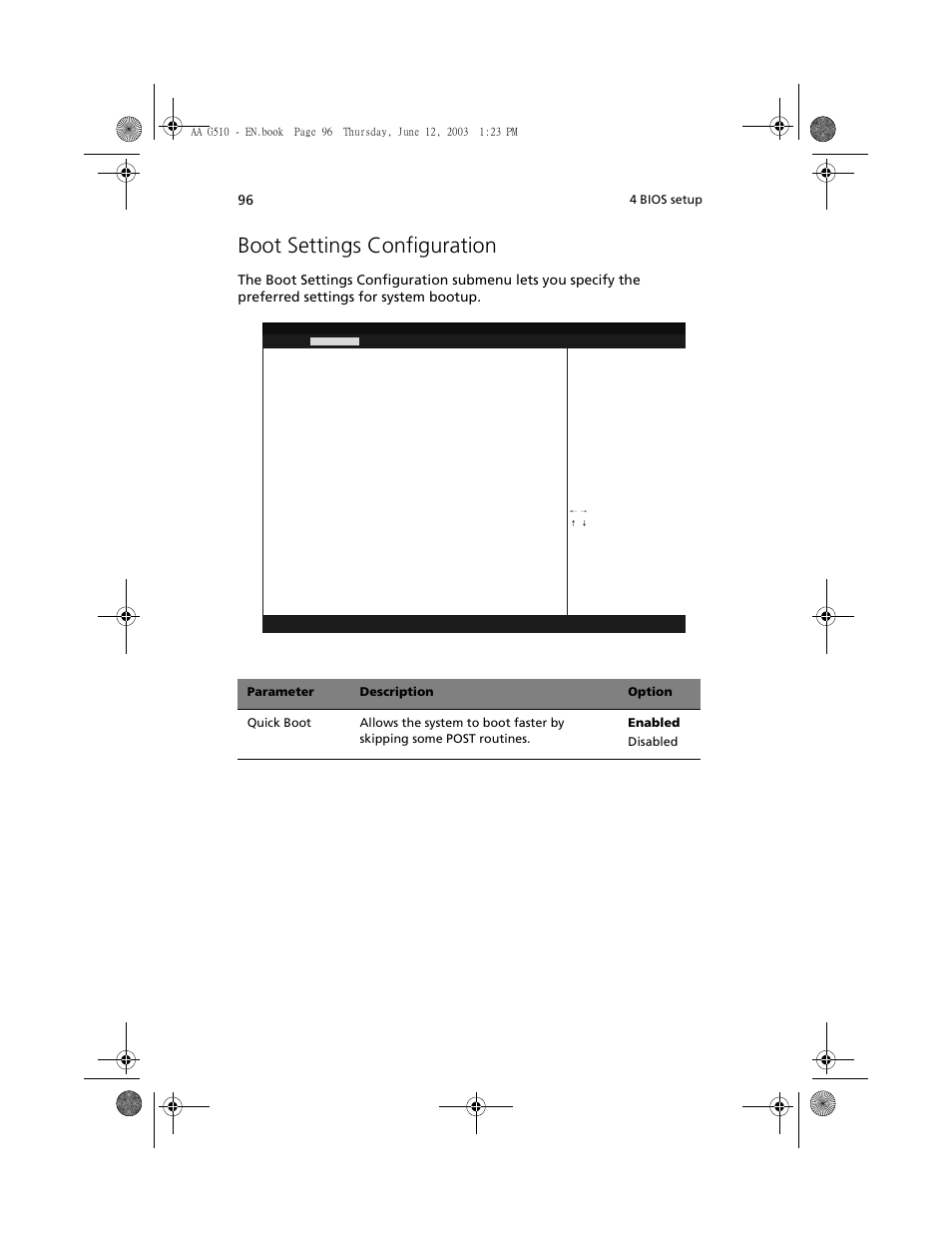 Boot settings configuration, 4 bios setup | Acer Altos G510 User Manual | Page 108 / 158