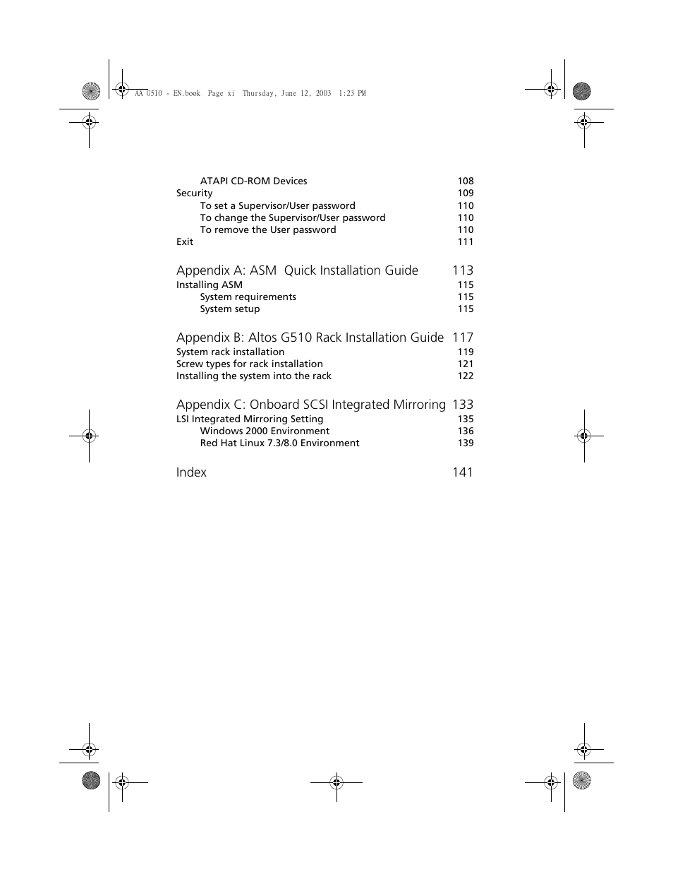 Appendix a: asm quick installation guide 113, Appendix c: onboard scsi integrated mirroring 133, Index 141 | Acer Altos G510 User Manual | Page 11 / 158