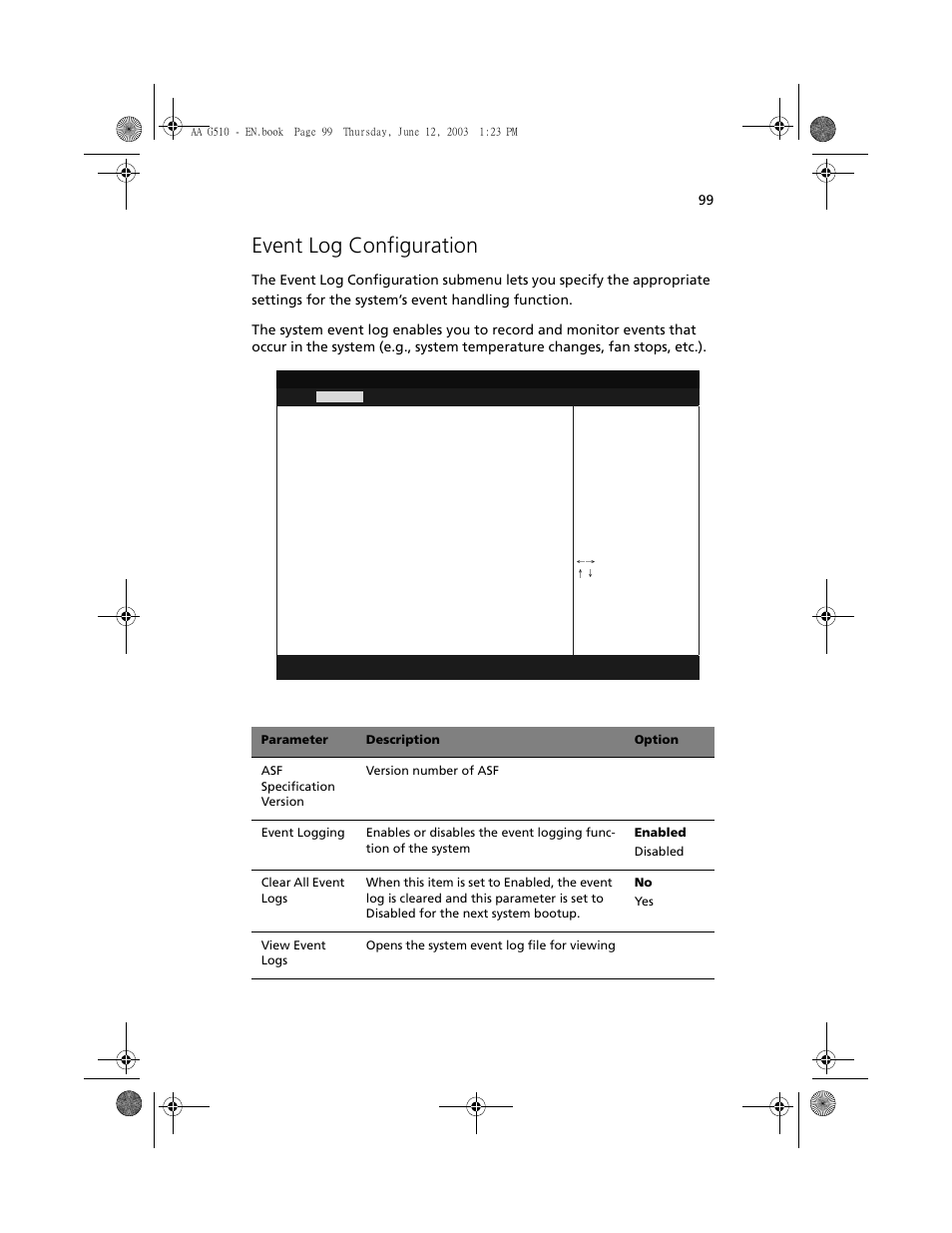 Event log configuration | Acer Altos G510 User Manual | Page 111 / 158