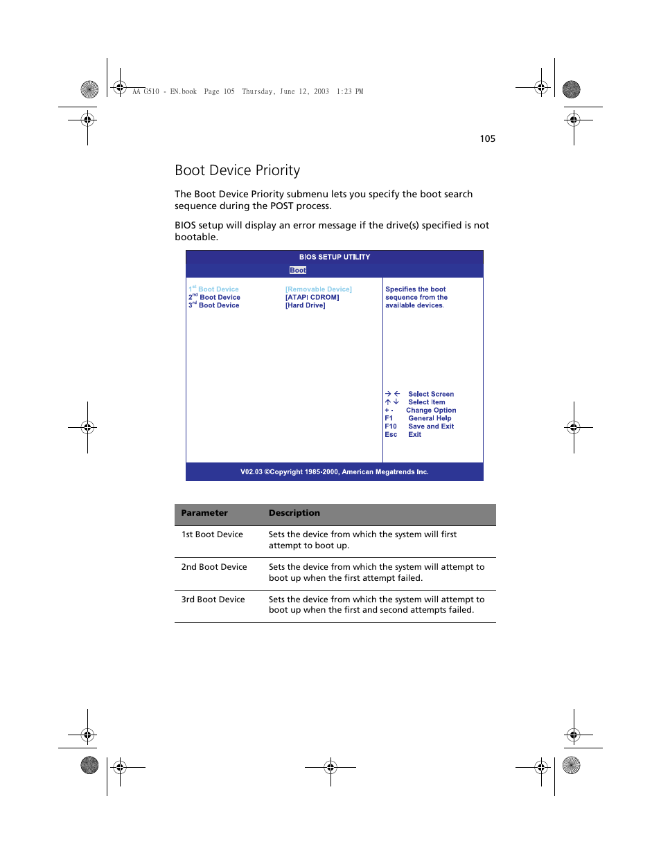 Boot device priority | Acer Altos G510 User Manual | Page 117 / 158