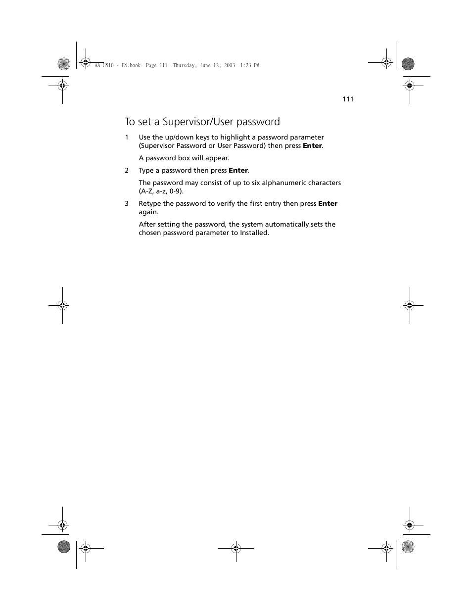 To set a supervisor/user password | Acer Altos G510 User Manual | Page 123 / 158