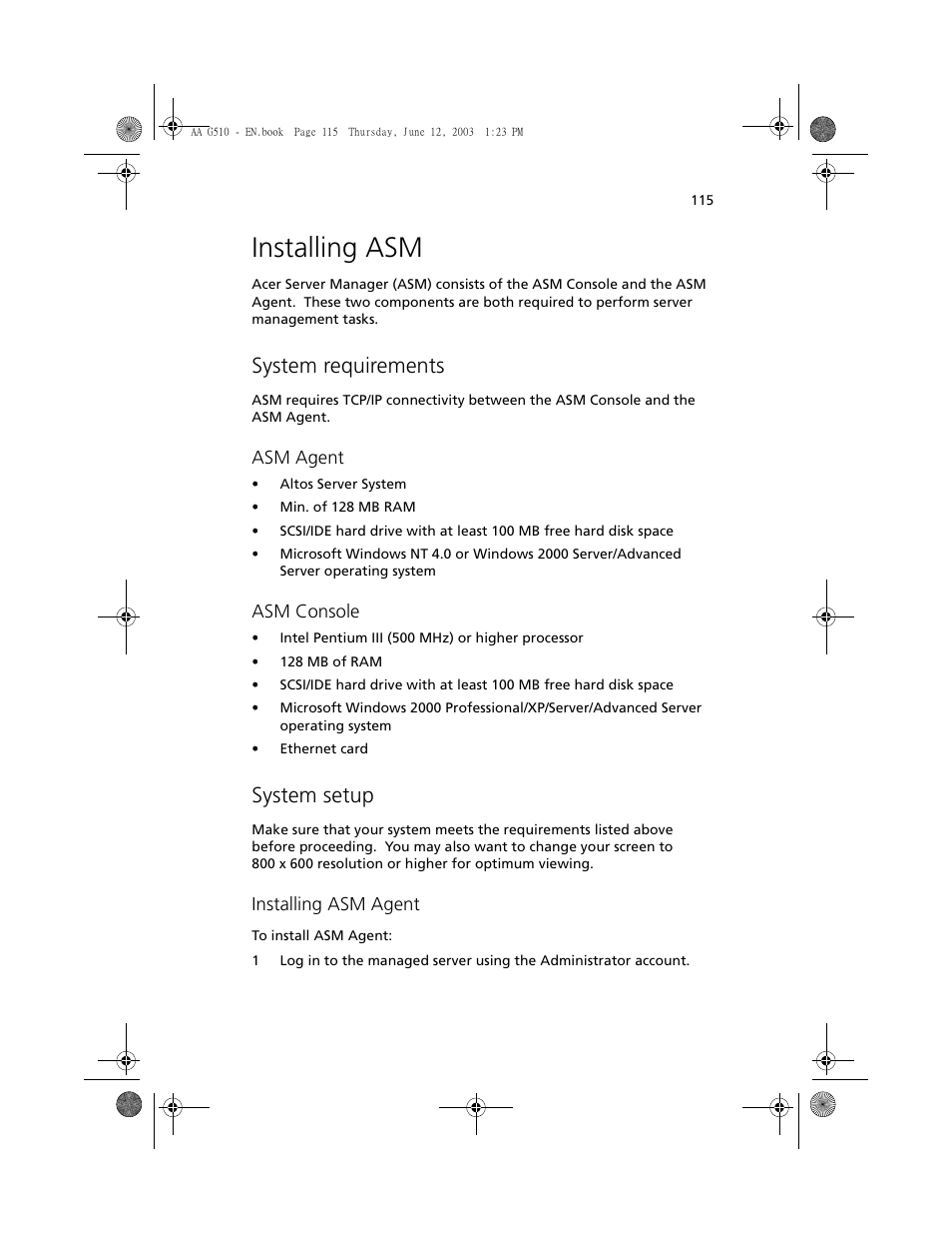 Installing asm, System requirements, System setup | Asm agent, Asm console, Installing asm agent | Acer Altos G510 User Manual | Page 131 / 158