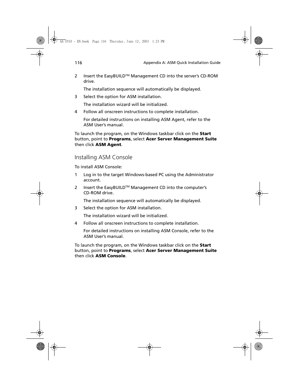 Installing asm console | Acer Altos G510 User Manual | Page 132 / 158