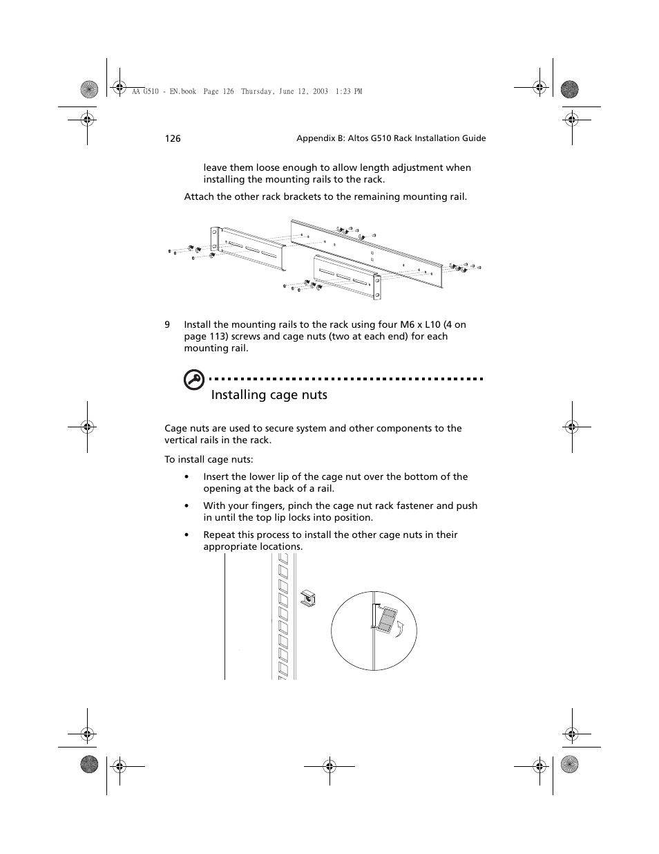 Installing cage nuts | Acer Altos G510 User Manual | Page 142 / 158