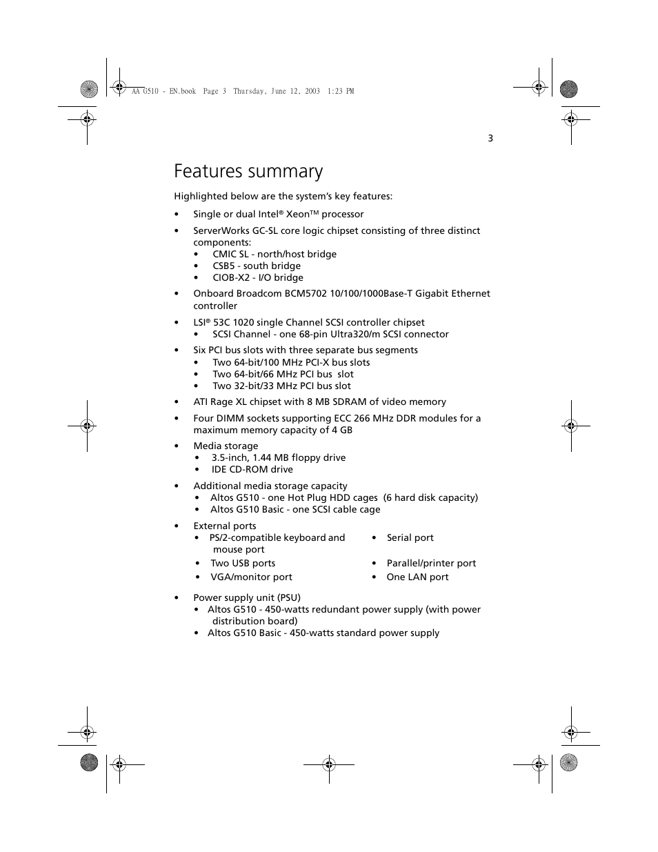 Features summary | Acer Altos G510 User Manual | Page 15 / 158