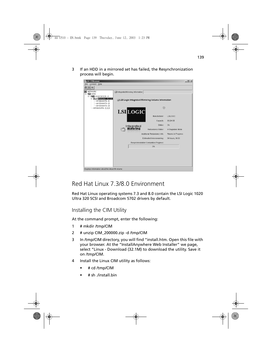 Red hat linux 7.3/8.0 environment, Installing the cim utility | Acer Altos G510 User Manual | Page 155 / 158