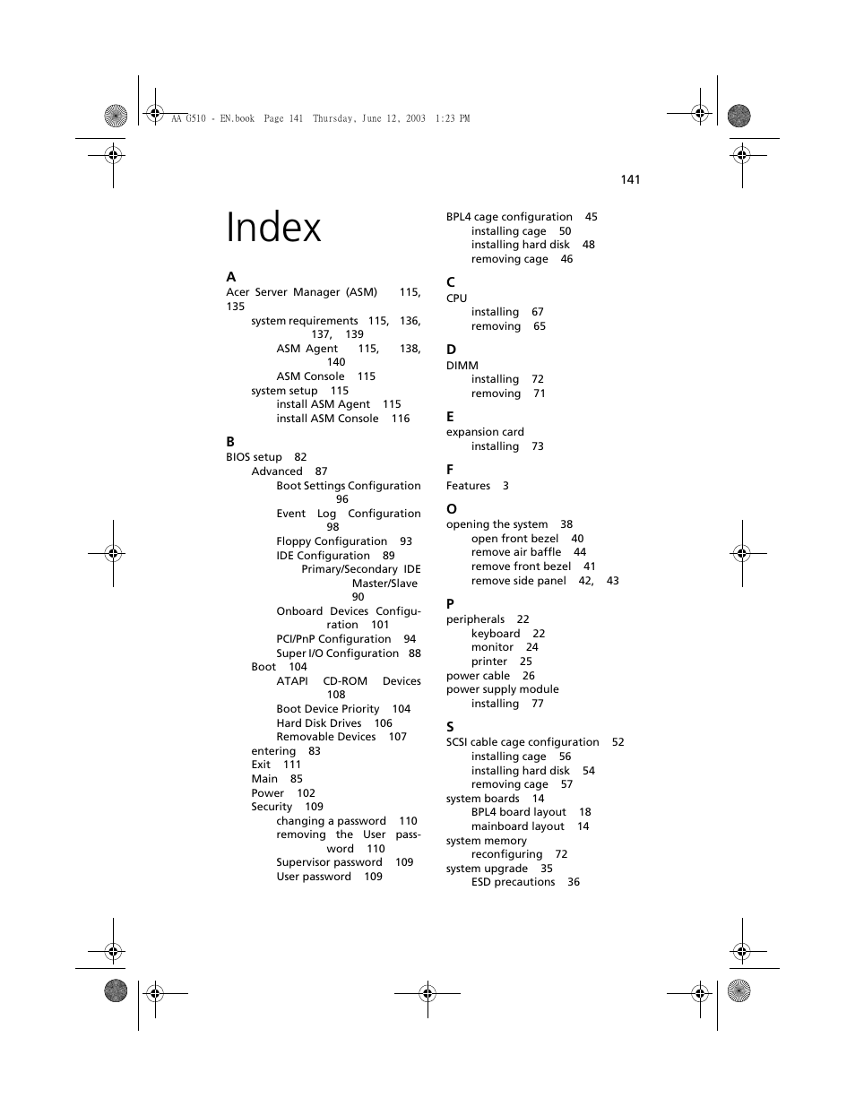 Index | Acer Altos G510 User Manual | Page 157 / 158