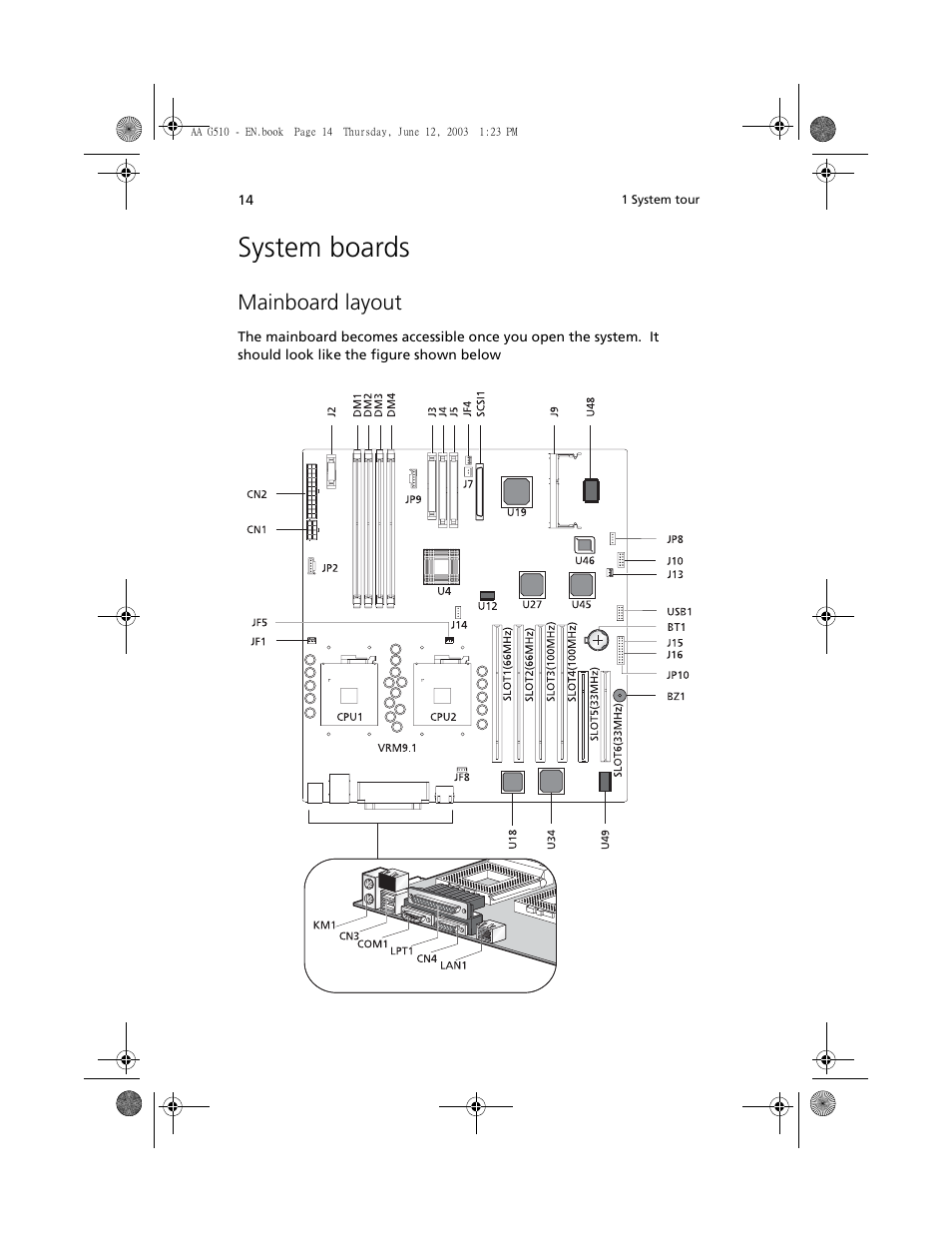 System boards, Mainboard layout | Acer Altos G510 User Manual | Page 26 / 158