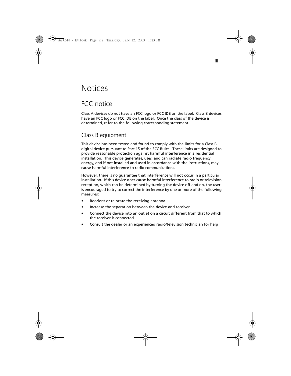 Notices, Fcc notice, Class b equipment | Acer Altos G510 User Manual | Page 3 / 158