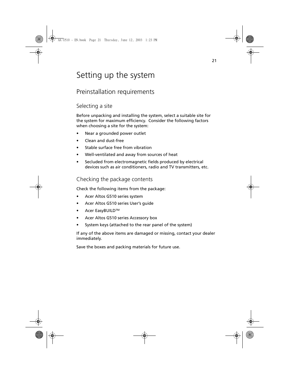 Setting up the system, Preinstallation requirements, Selecting a site | Checking the package contents | Acer Altos G510 User Manual | Page 33 / 158