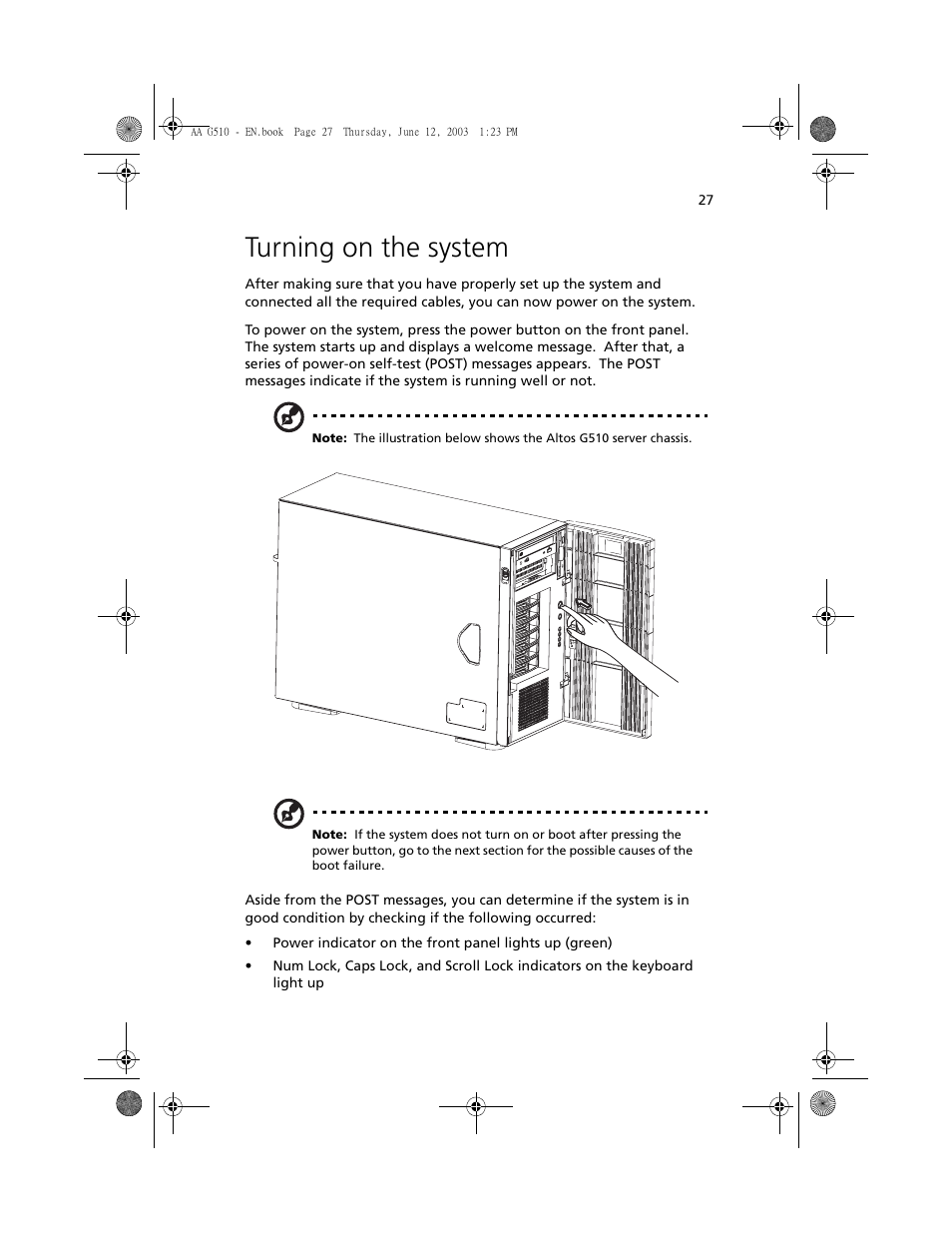 Turning on the system | Acer Altos G510 User Manual | Page 39 / 158