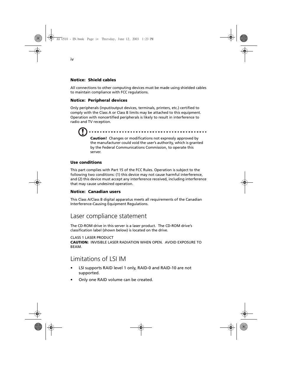 Laser compliance statement, Limitations of lsi im | Acer Altos G510 User Manual | Page 4 / 158