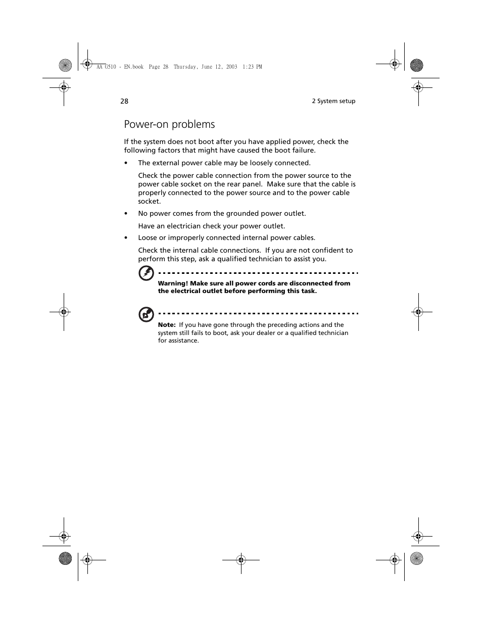 Power-on problems | Acer Altos G510 User Manual | Page 40 / 158