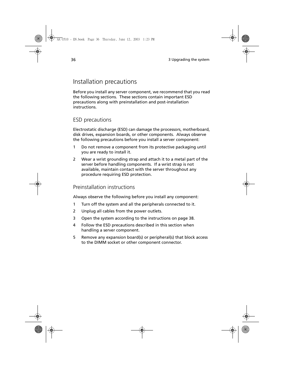 Installation precautions, Esd precautions, Preinstallation instructions | Acer Altos G510 User Manual | Page 48 / 158