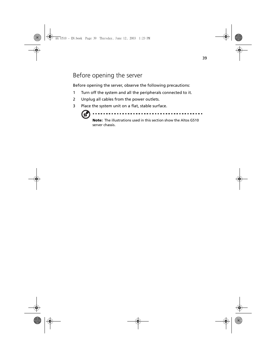 Before opening the server | Acer Altos G510 User Manual | Page 51 / 158