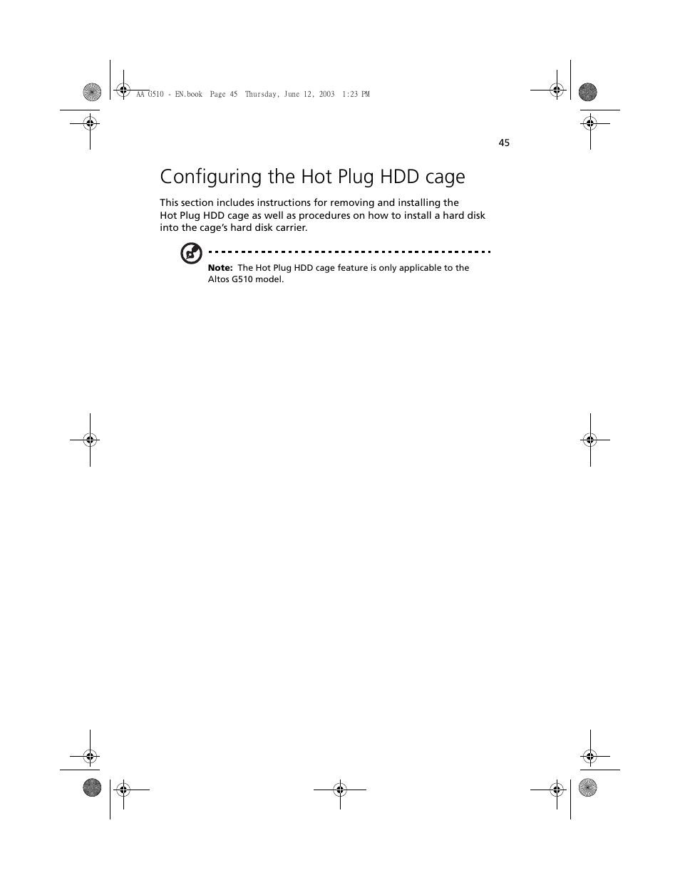 Configuring the hot plug hdd cage | Acer Altos G510 User Manual | Page 57 / 158