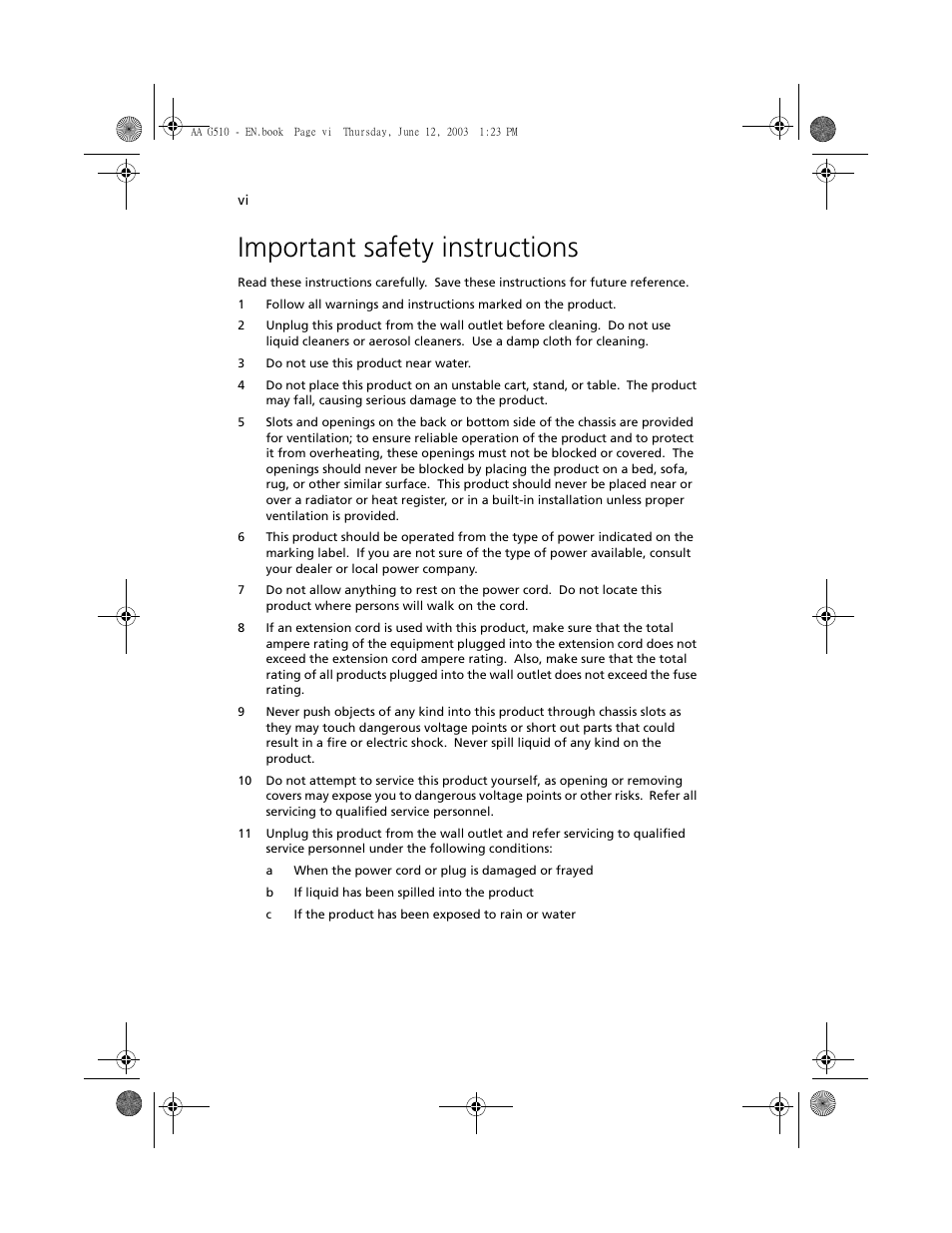 Important safety instructions | Acer Altos G510 User Manual | Page 6 / 158