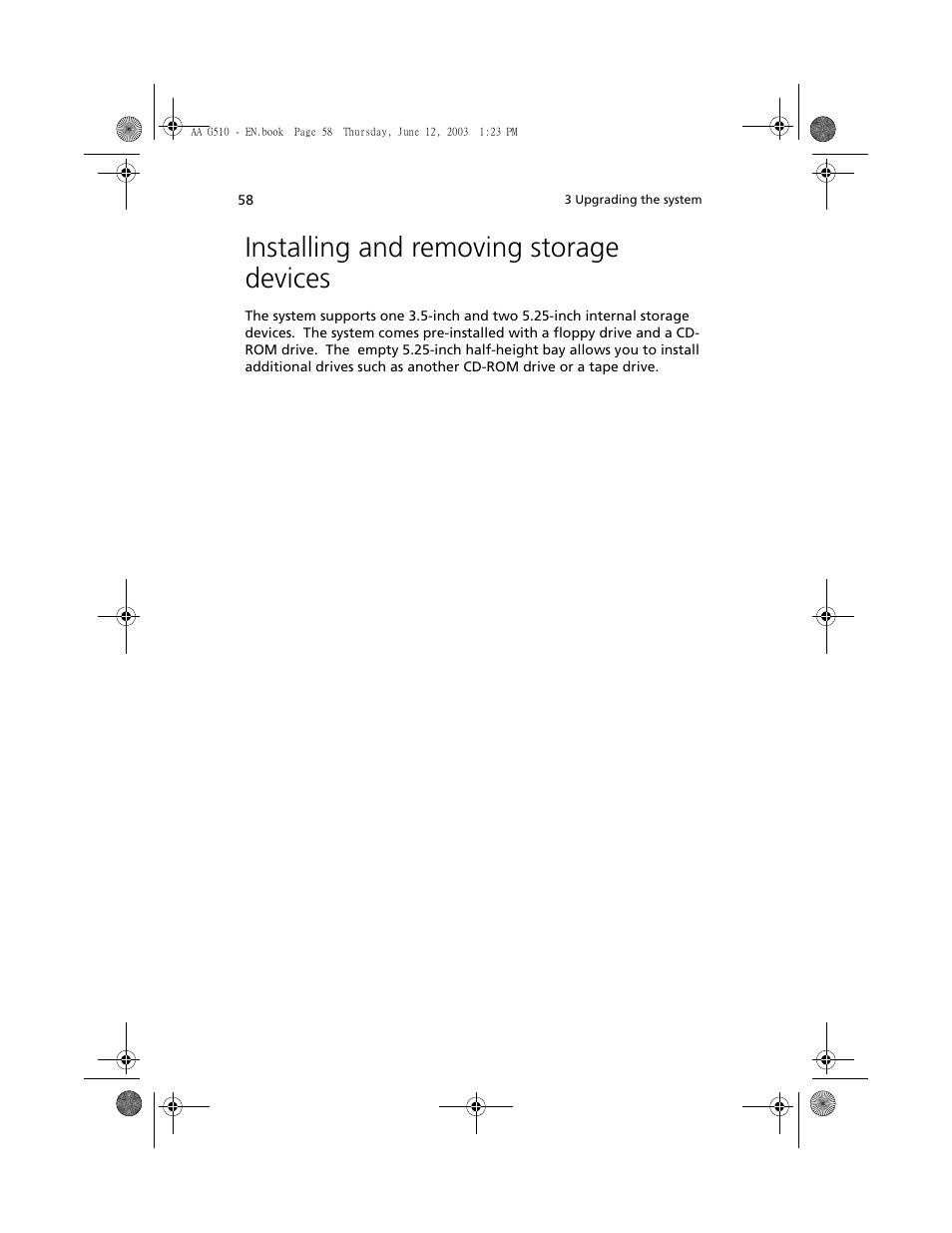 Installing and removing storage devices | Acer Altos G510 User Manual | Page 70 / 158