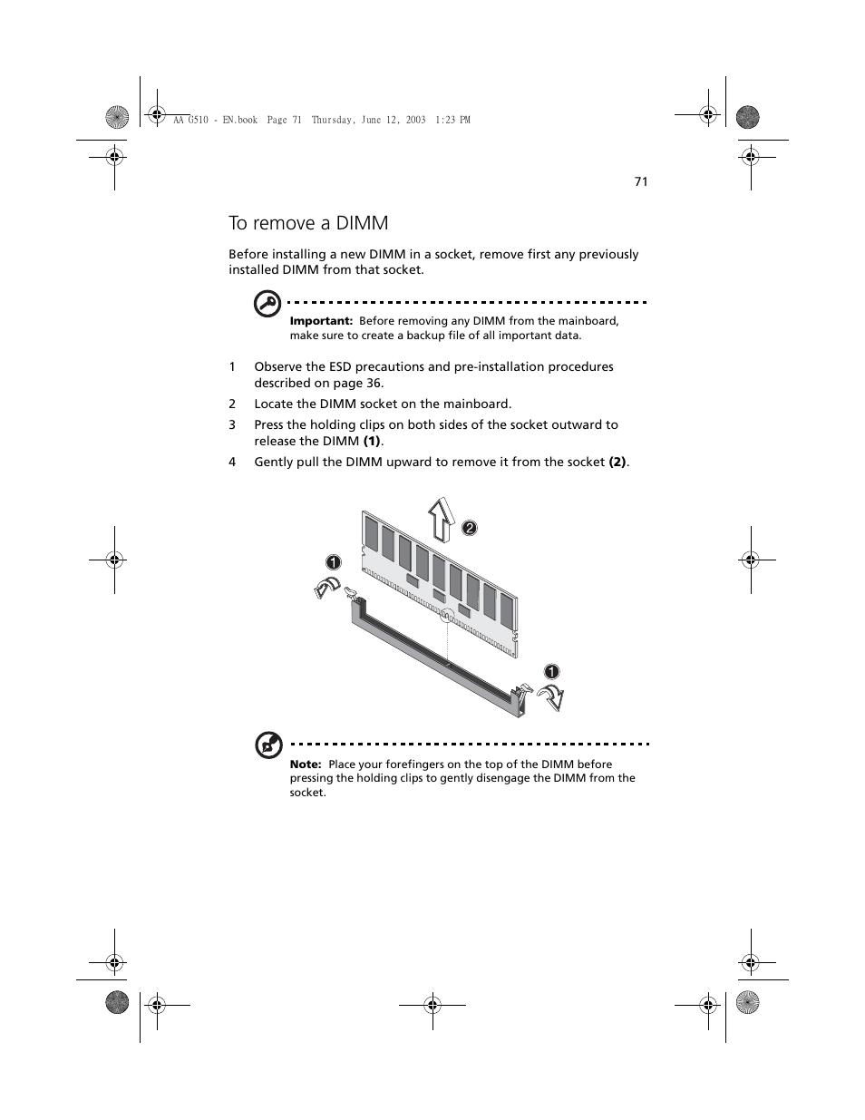 To remove a dimm | Acer Altos G510 User Manual | Page 83 / 158