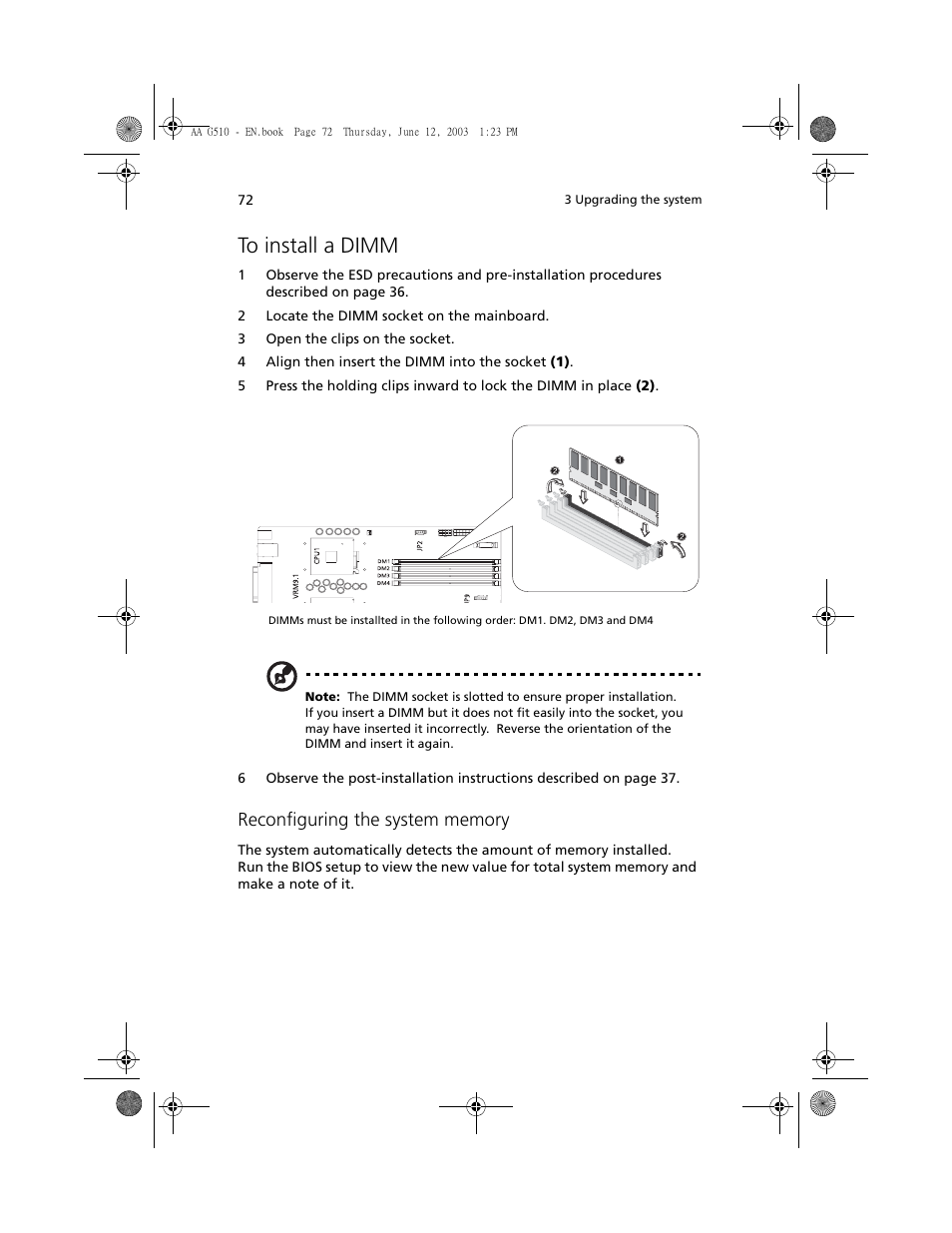 To install a dimm | Acer Altos G510 User Manual | Page 84 / 158