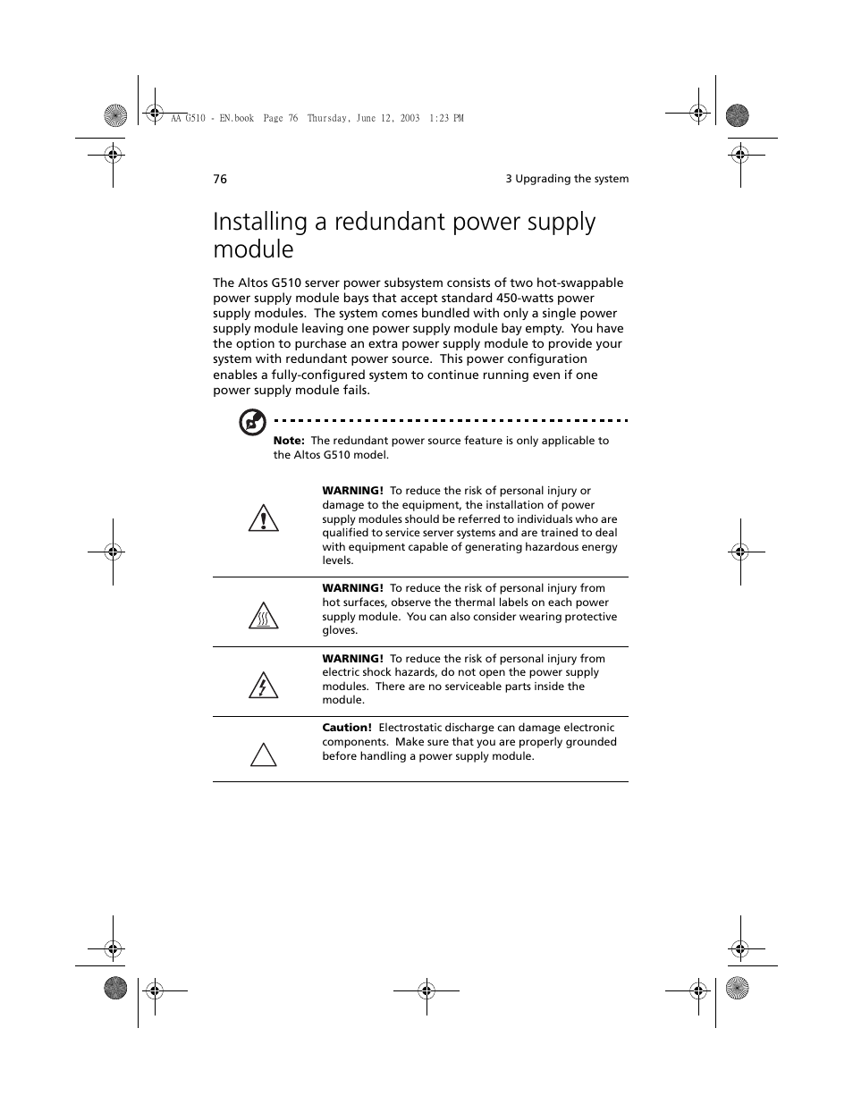 Installing a redundant power supply module | Acer Altos G510 User Manual | Page 88 / 158