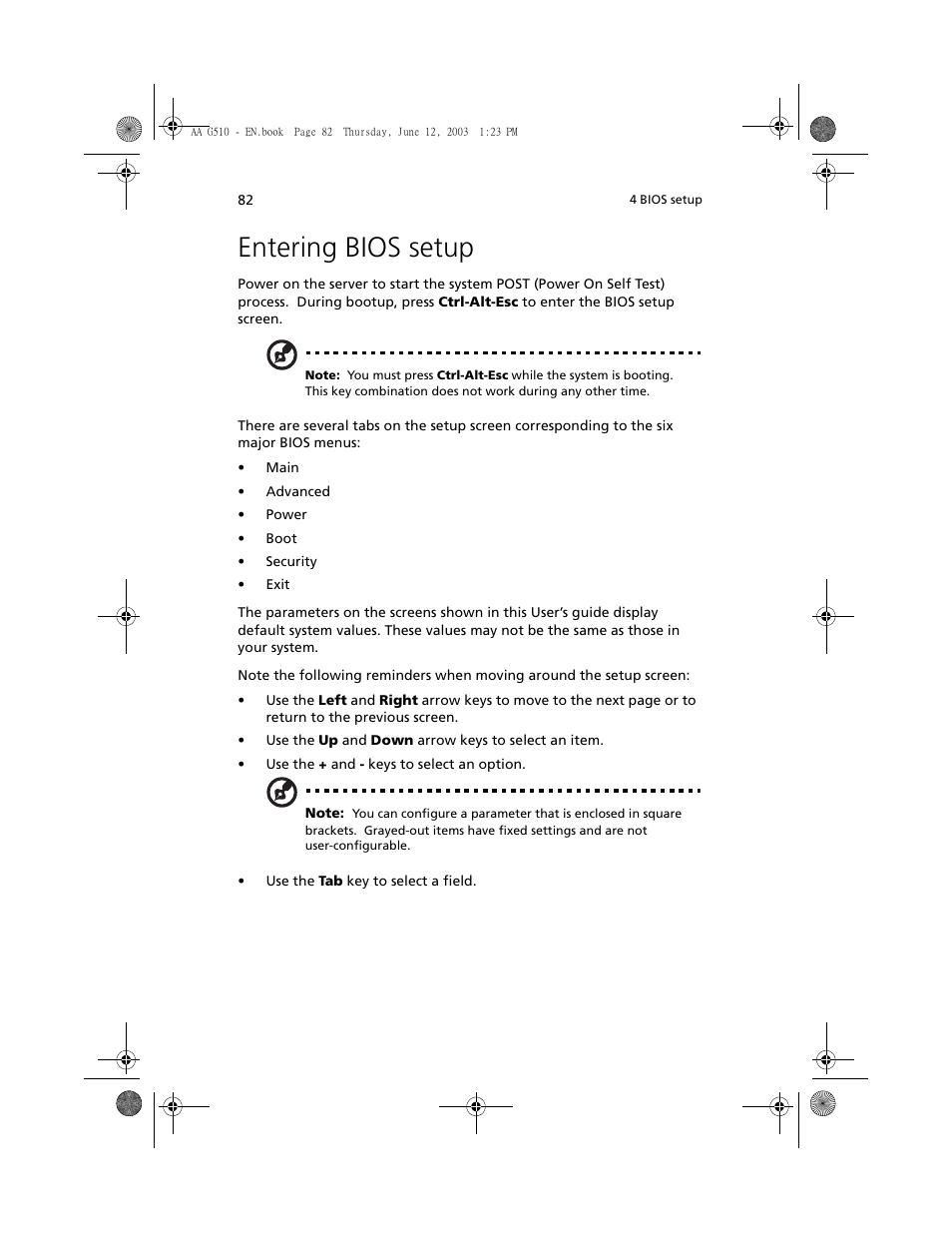 Entering bios setup | Acer Altos G510 User Manual | Page 94 / 158