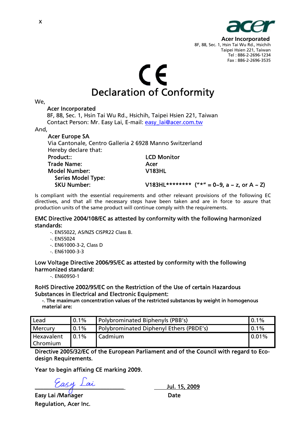 Declaration of conformity | Acer V183HL User Manual | Page 10 / 28